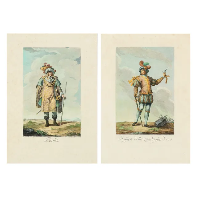ENNEMOND ALEXANDRE PETITOT (1727-1801). EFTER. To kolorerede kobberstik med kostumer fra det illustrerede værk 'Descrizione delle feste celebrate in Parma' fra 1769 (2).