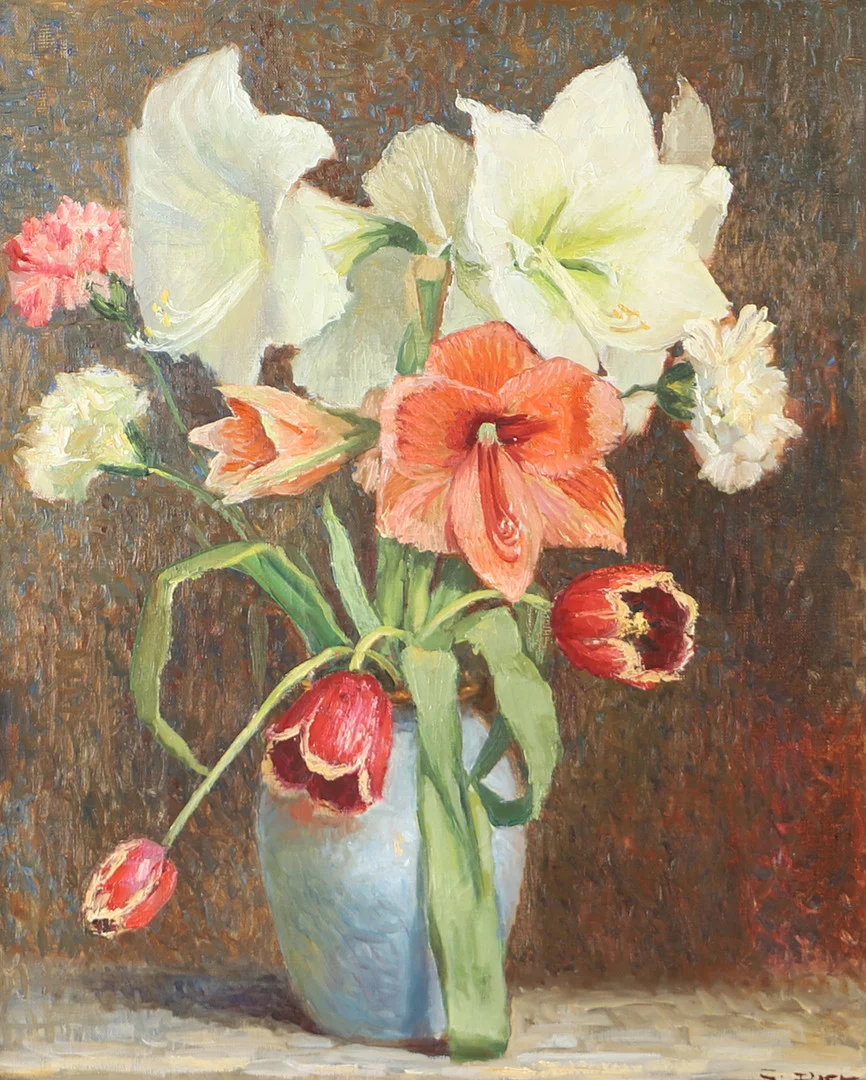 OIDENTIFIERAD KONSTNÄR. Blomsterstilleben, olja på duk, otydligt signerad. — Paintings — Helsingborgs Auktionskammare