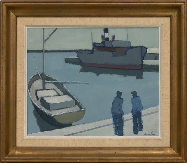 HELGE LINDEN (1897-1961). Hamnbild olja på pannå, bär signatur.