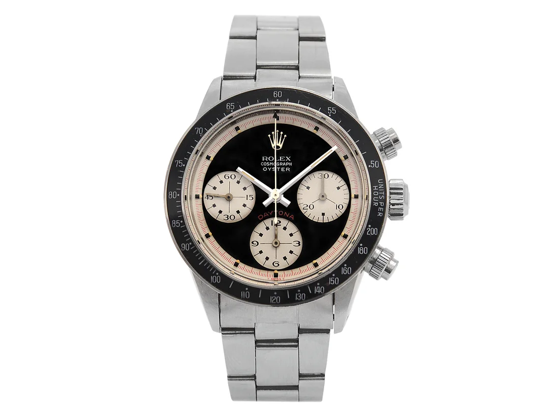ROLEX, Cosmograph Oyster, Daytona, s.k. "Paul Newman", "Units per hour 200", Ref nr. 6263, Serie nr. 2085505, Cal Valjoux 727, Boett nr. 6239 (C.R.S), kronograf, herrur, 37 mm, stål, manuell, plexiglas, Oysterlänk (folded), viklås, Ref nr. 7835-3.70/271, ca 1969. — Klockor/Rolex — Kaplans