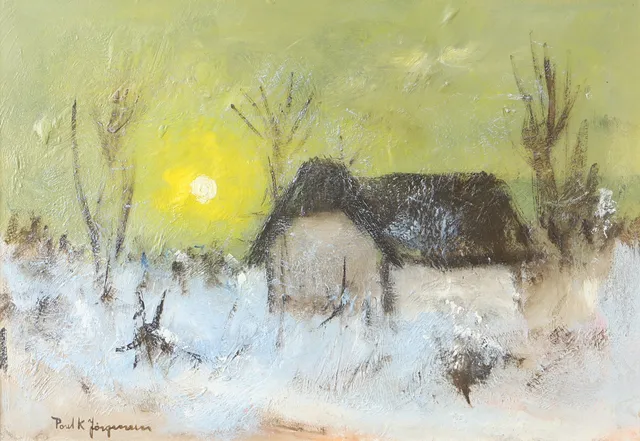 POUL K JÖRGENSEN. "Vintersol, Bognemark", olja på pannå, signerad.