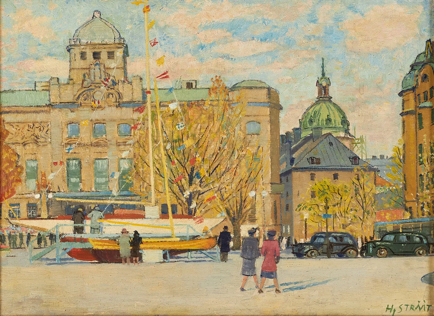 HJALMAR STRÅÅT (1885–1971). Dramaten - Nybroplan, Stockholm, signerad Hj. Strååt, daterad 1944 a tergo, olja på pannå. — Paintings — Crafoord Auktioner Stockholm