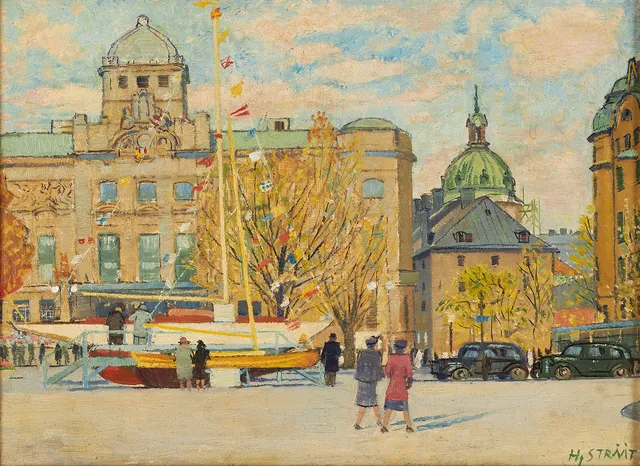 HJALMAR STRÅÅT (1885–1971). Dramaten - Nybroplan, Stockholm, signerad Hj. Strååt, daterad 1944 a tergo, olja på pannå.