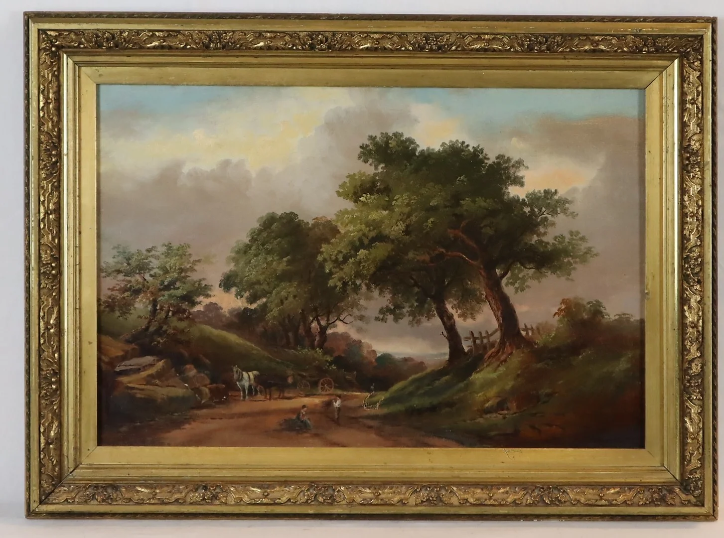 UNBEKANNTER KÜNSTLER. Bauern mit Pferdewagen in idyllischer Landschaft, Öl auf Leinwand. — Paintings — Auktionshaus Blank