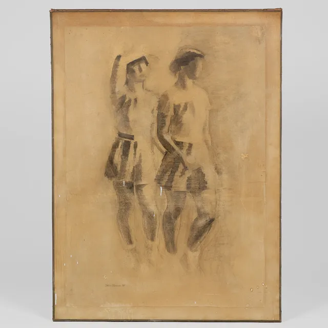 AAGE SIKKER HANSEN (1897-1955). Udkast / skitse til udsmykningen i Københavns Boldklubs festsal, motiv med to tennispiger, kul på papir, 1938.
