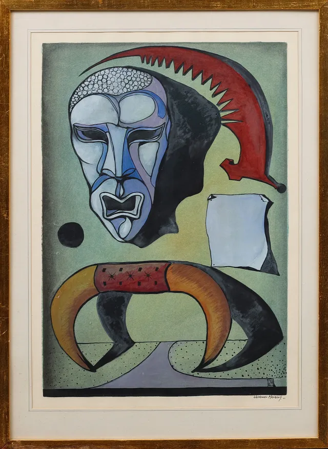 WALDEMAR MARBERG. Komposition med gipsmask, tempera, signerad och daterad 55.
