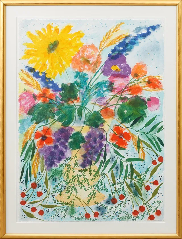 LENA LINDERHOLM. Blombukett, färglitografi, signerad.