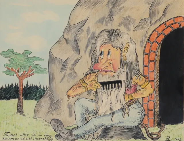 ROLF LIDBERG. "Trollet sitter vid sin vägg...", blandteknik, monogramsignerad och daterad 1942.