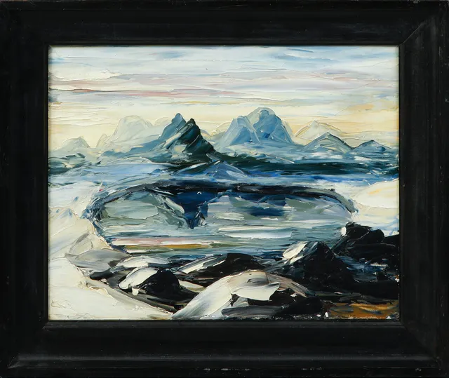 GUNNAR LÖBERG. "Fjällsjön", olja på pannå, signerad à tergo.