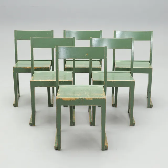 SVEN  MARKELIUS. Stolar, 6 st, "Orkesterstolen", 1930/40-tal.