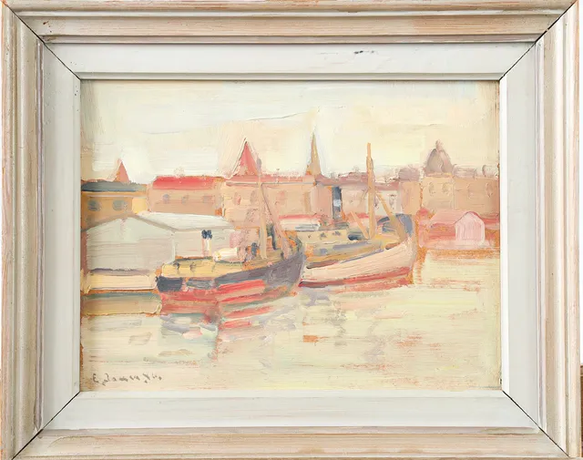 ERIK JEAN (1894-1970). Hamnmotiv, olja på pannå.