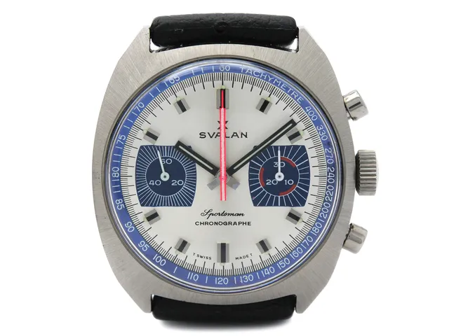SVALAN, Sportsman, "Tachymetre", Cal Valjoux 7733, Boett nr. 2200, kronograf, herrur, 37 mm, stål, manuell, plexiglas, gummiband (Tropic), ca 1970.