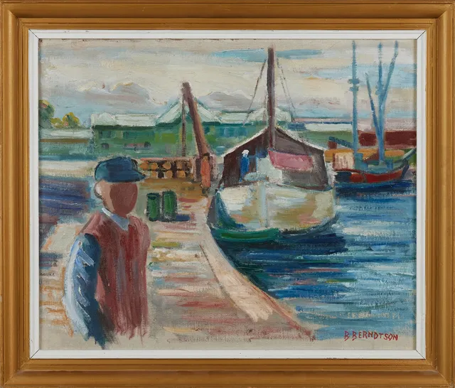 BIRGER BERNDTSON (1890-1940). "Hamnparti i Vänersborg", olja på duk, signerad.