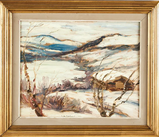 ERIK OSSLUND. Vintermotiv, olja på pannå, signerad Erik Osslund, 1956.