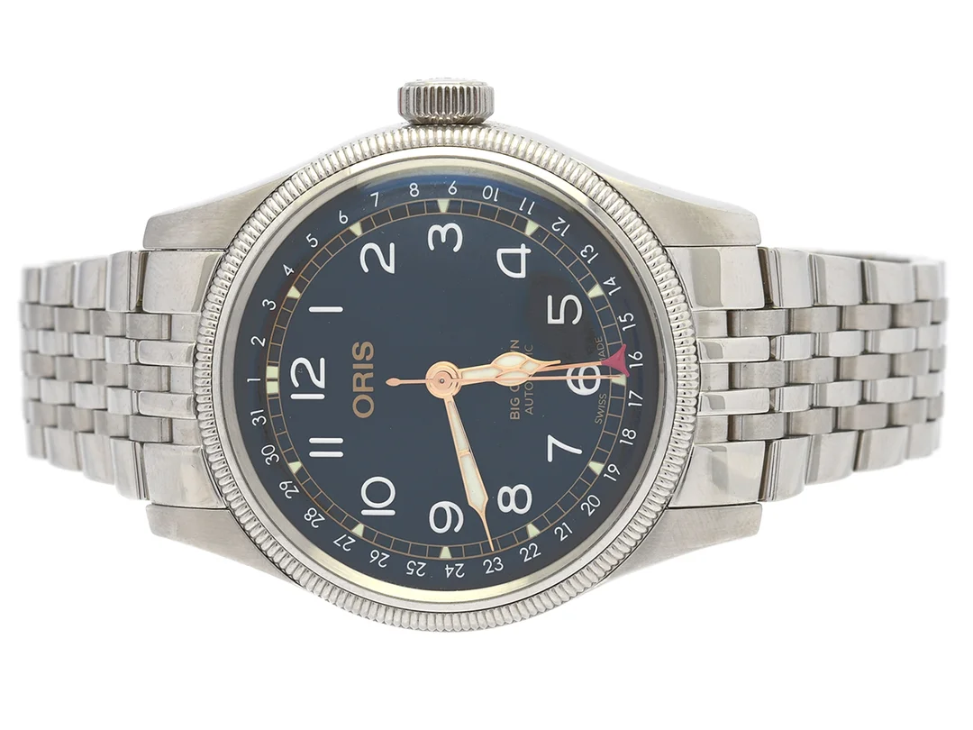 ORIS, Big Crown, Pointer Date, "Movember Edition 2018", Cal 754 (SW 200-1), Serie nr. 3752776, Ref nr. 01 754 7741 4037, Boett nr. 7741 4037, herrur, 40 mm, stål, automatisk, safirglas, datum, originallänk, läderband, NATO-band, cert, maj 2020, etui, ytterkartong. — Klockor/Oris — Kaplans