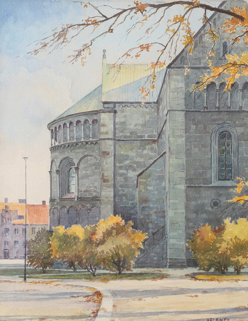 EDDIE VALENTA. Lunds domkyrka, akvarell, signerad Valenta. — Paintings — Helsingborgs Auktionskammare
