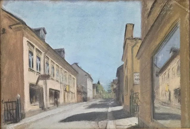 STIG MÅNSSON. Stadsvy. Pastell, osignerad.