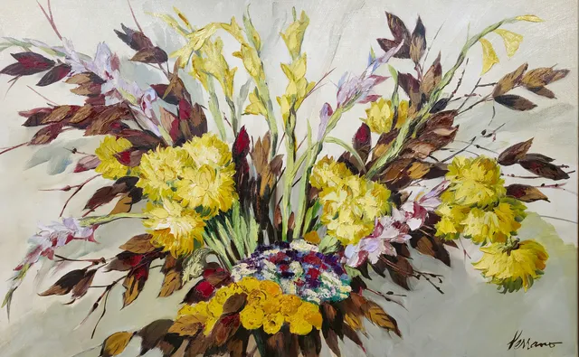JOSEP MIQUEL SERRANO. BODEGÓN DE GLADIOLAS AMARILLAS. ÓLEO SOBRE LIENZO.