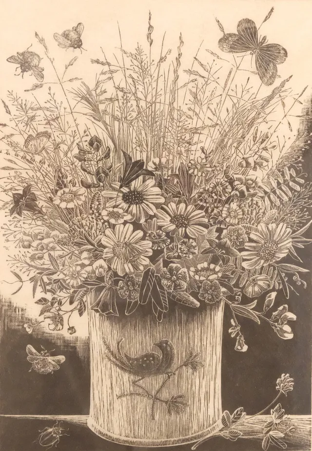 EVA STOCKHAUS. TRÄGRAVYR, HANDTRYCK. "SOMMARBLOMMA".