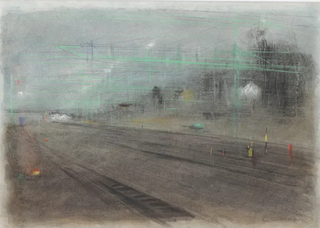 LEIF OLAUSSON. Järnvägsstation, blandteknik, signerad.