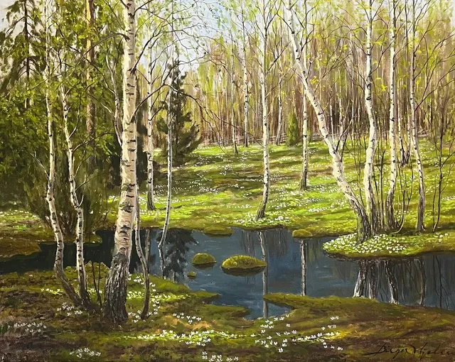 BIRGER HJELM. olja på pannå, vårskog, signerad.