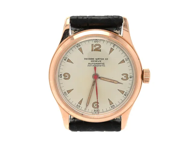 RECORD WATCH Co, Genève, herrur, 33 mm, Cal 172, Boett nr. 838295 / 811 75, 14K rosa guld, hammarautomat, plexiglas, läderband, ca 1955.