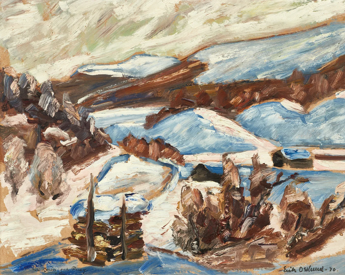 ERIK OSSLUND (1913–1982). Fjällandskap, signerat och daterat "Erik Osslund 1940", olja på pannå. — Paintings — Crafoord Auktioner Stockholm