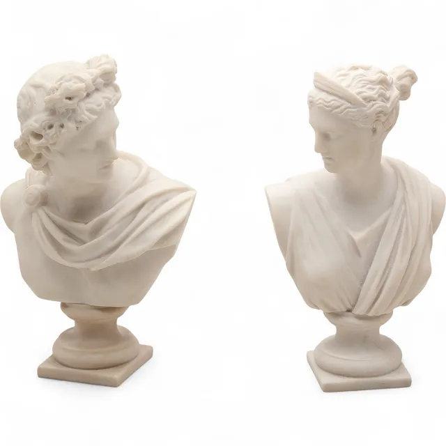Pair of classic busts in marble powder, 20th Century.