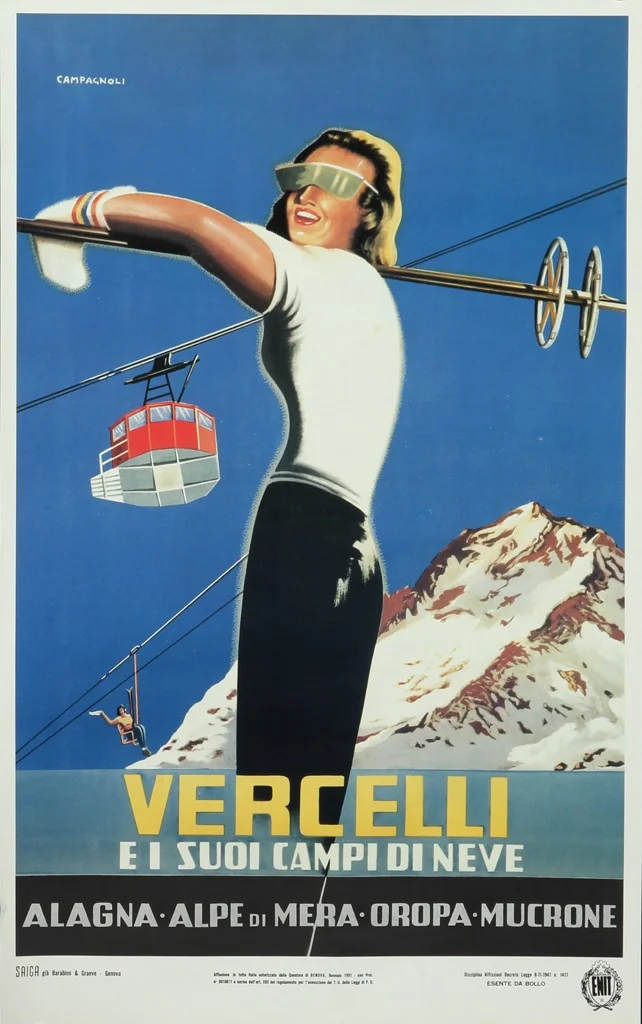 Adalberto Campagnoli. Original, italiensk turistplakat for skisport, 'Vercelli e i suoi campi di neve', — Paintings and sculptures/Prints and photography — Lauritz