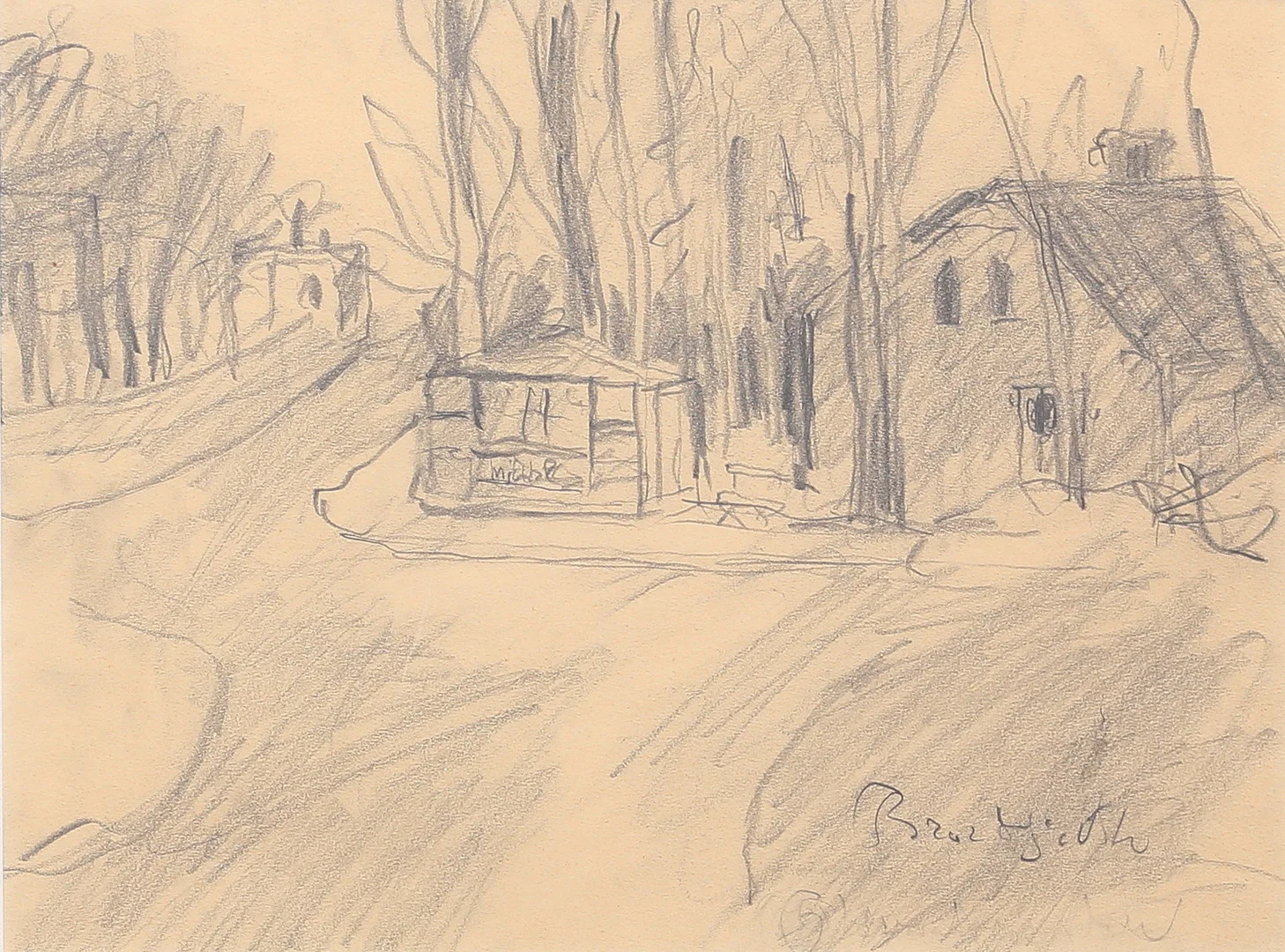 BROR HJORTH. Gatuvy med kiosk. Blyerts, signerad. — Drawings — Auktionshuset Thelin & Johansson
