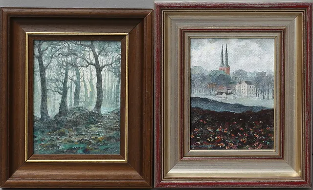 OVE JOHANNESSON. Domkyrkan, Växjö samt skogslandskap, oljor på pannå, 2 st, signerade.