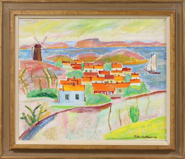 FOLKE ANDRÉASSON (1902-1948). Vy över Mollösund. Olja på duk.
