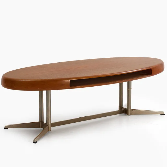 JOHANNES ANDERSEN (1903–1991). soffbord, modell "Capri", Trensum, 1960-tal, teak, benställning i stål.
