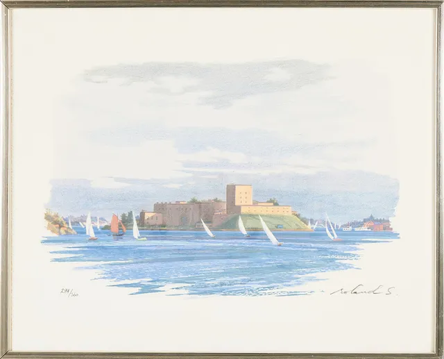 ROLAND SVENSSON (1910-2003). "Vaxholms Kastell", signerad och numrerad roland S. 284/360, färglitografi.
