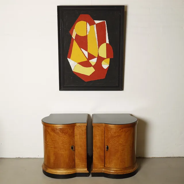 Sengeborde/natborde/sideborde, elm, sorte glasplader 1920-30'erne. Art Deco, (2).