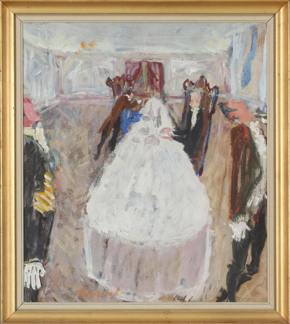 NILS BJÖRKLUND. Servering, olja på pappannå, signerad Björklund. — Paintings — Stadsauktion Sundsvall