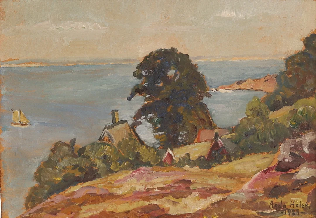 AGDA HOLST. Olja på pannå, "solig dag", signerad, daterad 1929. — Paintings — RA Auktionsverket Norrköping