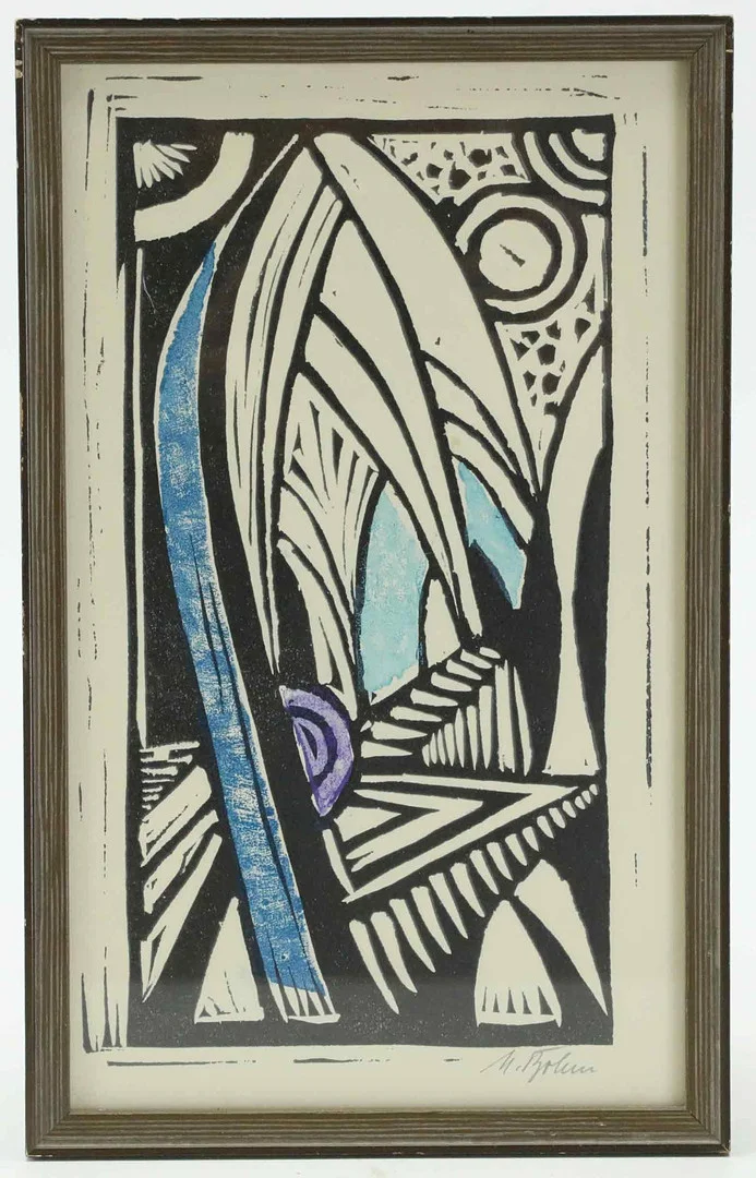 MARTHE BOHM. linoleumsnitt, abstrakt motiv, 1950-tal. — Engravings & Prints — Hälsinglands Auktionsverk