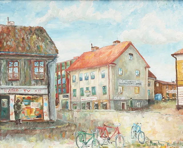 MATS ARONSSON. Korsningen Västergatan - Norrgatan, Växjö. Olja på pannå, signerad och daterad 76.