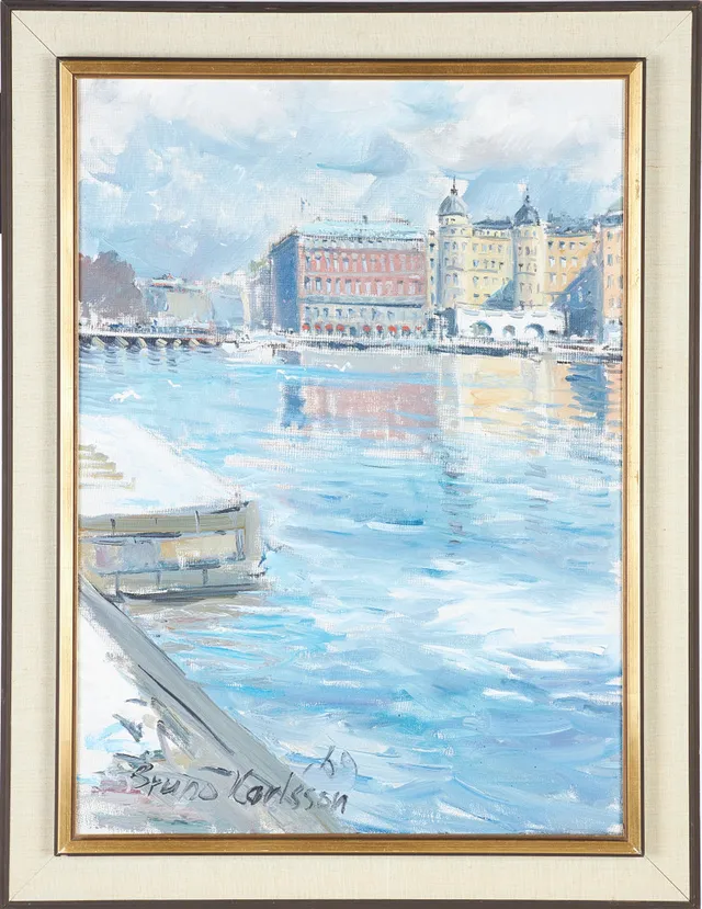BRUNO KARLSSON. "Från Skeppsbron". Stockholmsmotiv, olja på duk, signerad och daterad Bruno Karlsson -69.