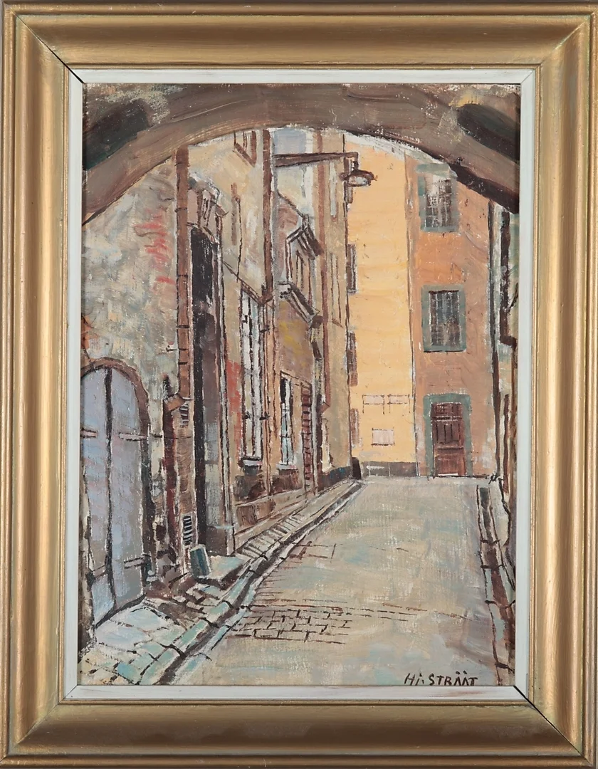 HJALMAR STRÅÅT. olja på pannå, motiv av gata, signerad. — Paintings — Södermanlands Auktionsverk