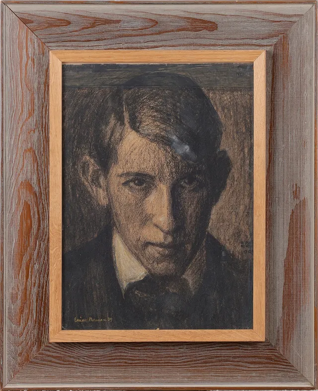 EINAR NERMAN. Självporträtt, kolteckning, signerad och daterad -09.