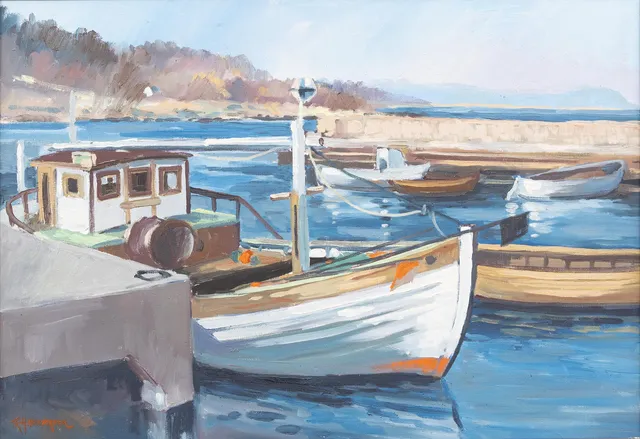 ROLF HALLENGREN (1932-2009). Putte´s fiskebåt i Baskemölla hamn. olja på duk, signerad.