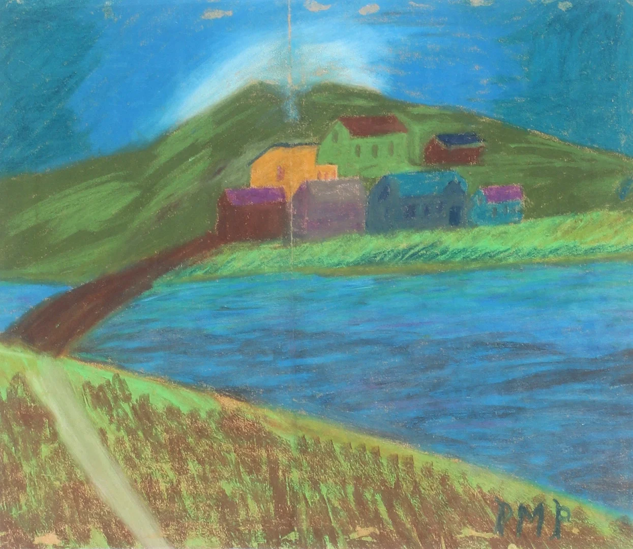 PRIMUS MORTIMER PETTERSSON. Landskap med hus, pastell på papper, monogramsignerad. — Paintings — Stadsauktion Sundsvall