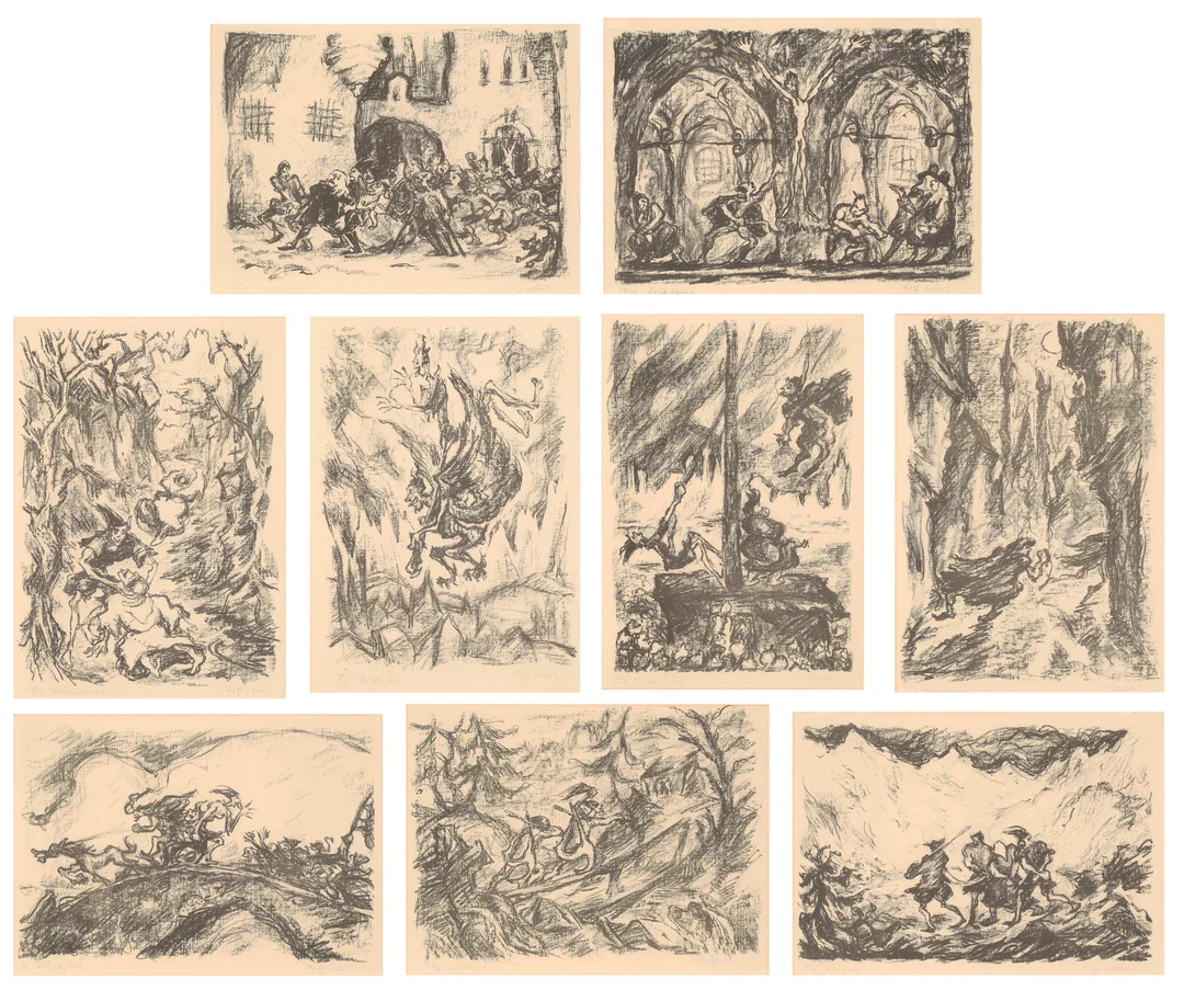 Nesch, Rolf — "Lysluggen Augustin, rødtoppen Kilian og den moralske verdensorden" 1921 — Kunst/Grafikk — Blomqvist