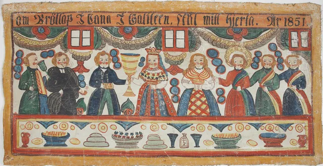 PER SVENSSON (1787-1862). Bonadsmålning, allmoge, olja på väv, oramad, motiv föreställande bröllopsfest, Per Svensson i Duvhult, Småland, 1851.
