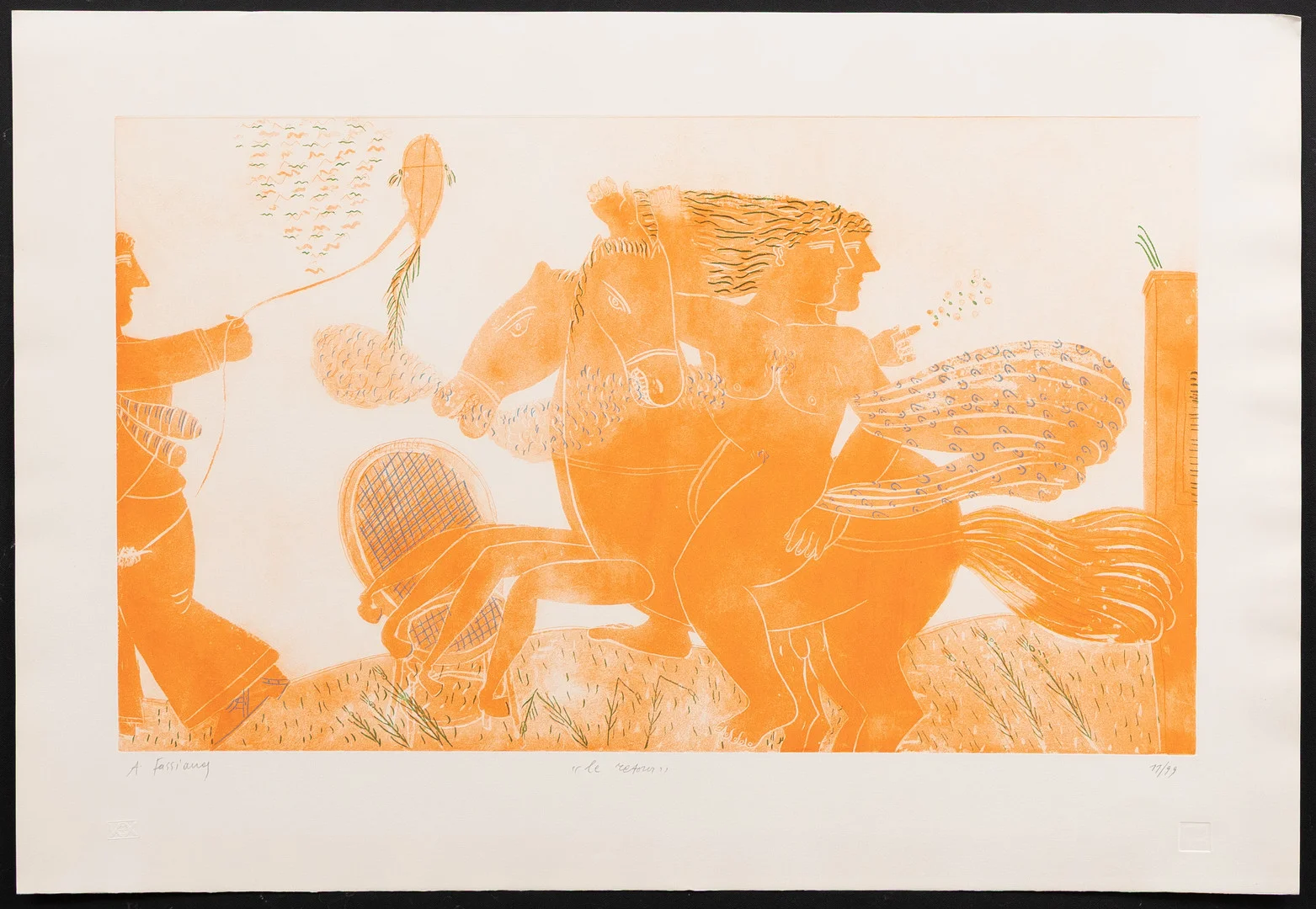 ALEXANDRE FASSIANOS. "Le Retour", färgetsning, signerad och numrerad 11/99. — Engravings & Prints — Garpenhus Auktioner