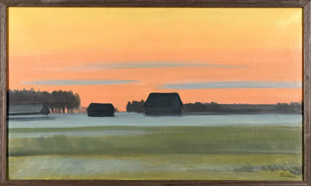 VERA FRISÉN. Olja på duk, Ladugårdar på slätt, Signerad, 1900-tal.