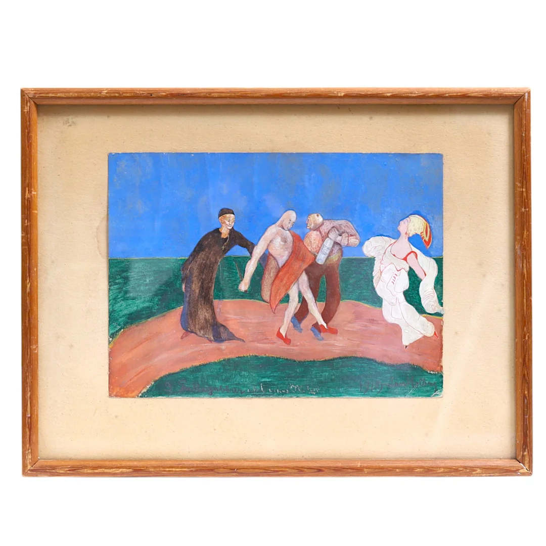 OIDENTIFIERAD KONSTNÄR. "Tre Fullegubbar och dam", blandteknik, signerad och daterad 1919. — Drawings — Gomér & Andersson Nyköping