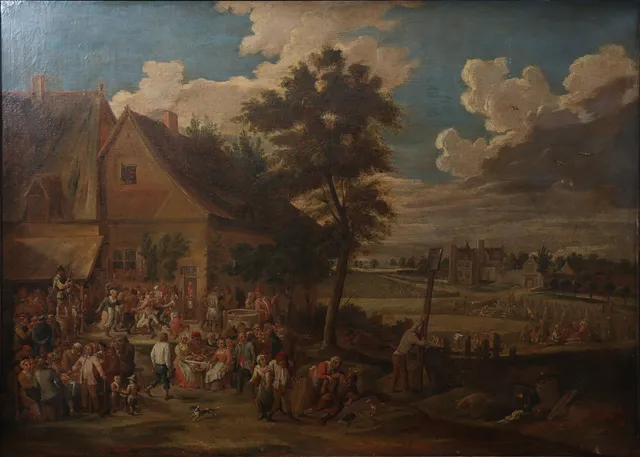 DUTCH SCHOOL, 18TH CENTURY. IN THE STYLE OF ABRAHAM TENIERS. Landscape with peasants.